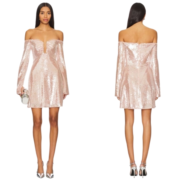 Self-Portrait Dresses & Skirts - NEW Self Portrait Off The‎ Shoulder Sequin Mini Dress Beige Size 2